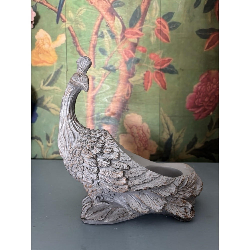 Peacock Planter Distressed Gray Resin Boho Hollywood Regency Bird Decor